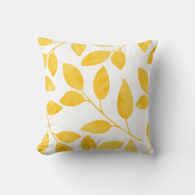 Coussin Feuilles aquarelle jaune moutarde (Recto)