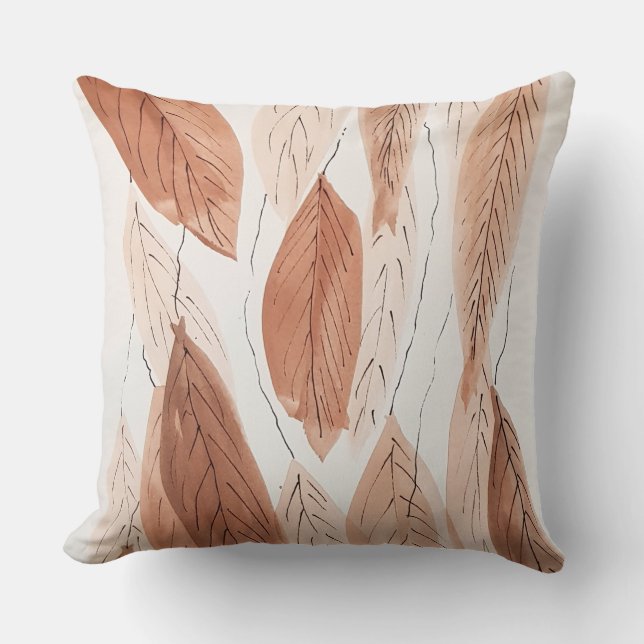Coussin Feuilles Aquarelle Marron Terracotta Beige Gris (Recto)