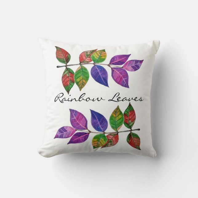 Coussin Feuilles arc-en-ciel aquarelle (Recto)