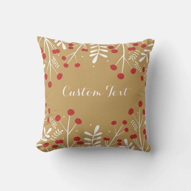 Coussin Feuilles blanches et baies Or Noël Fêtes (Recto)