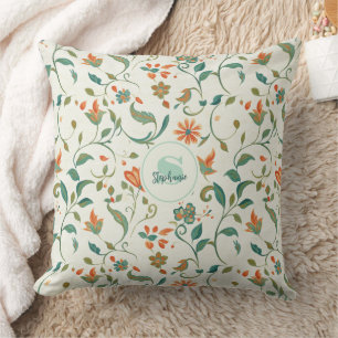 Coussin Feuilles bleu vintage et motifs floraux orange