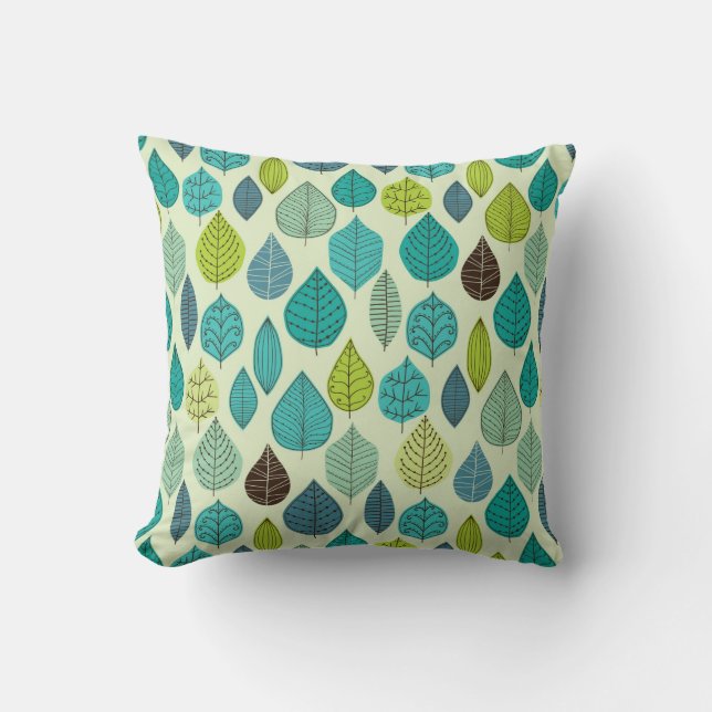 Coussin Feuilles Bleues Vert Et Beige Motif (Recto)