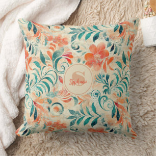 Coussin Feuilles bleus rustiques et motifs floraux rouge-o