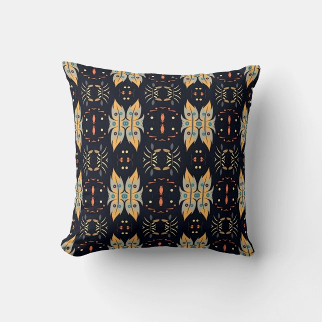 Coussin Feuilles boho jaune moutarde et bleu (Recto)