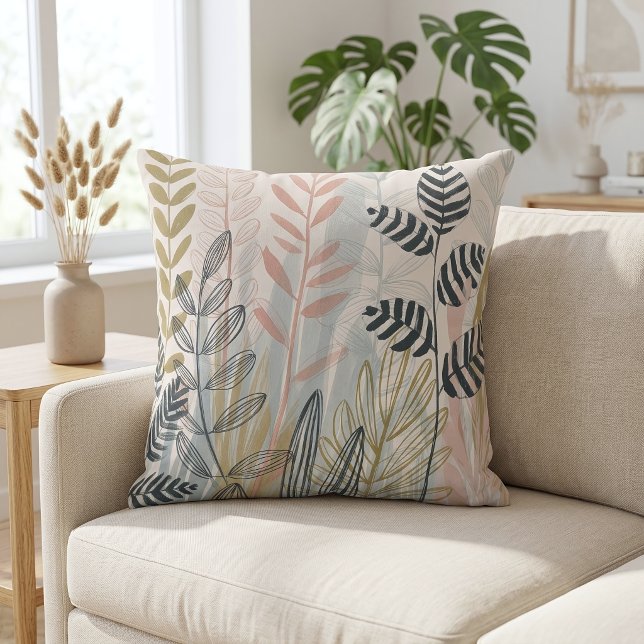 Coussin Feuilles Botaniques Abstraites Pastel Moderne (Créateur téléchargé)