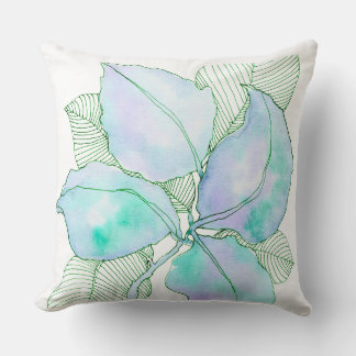 Coussin Feuilles botaniques aquarelle vert menthe lavande