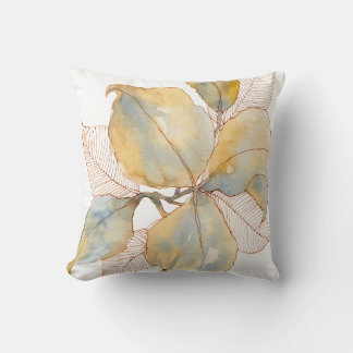 Coussin Feuilles botaniques aquarelles bleu or mat