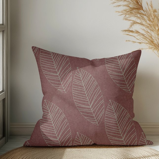 Coussin Feuilles Botaniques Modernes Sur Tissu Rouge Profo (Créateur téléchargé)