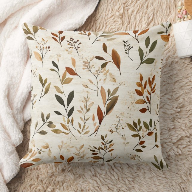 Coussin Feuilles Brunes Rustiques sur Fond Crème (Couverture)