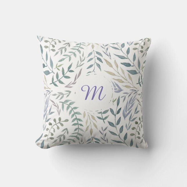 Coussin Feuilles d'aquarelle rustique et monogramme de feu (Recto)