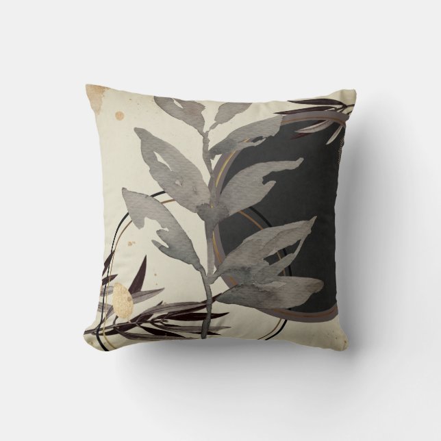 Coussin Feuilles d'aquarelle stylés | Noir et crème (Recto)