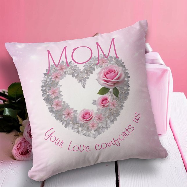 Coussin Feuilles d'argent Cœur et Rose rose Maman  (Créateur téléchargé)