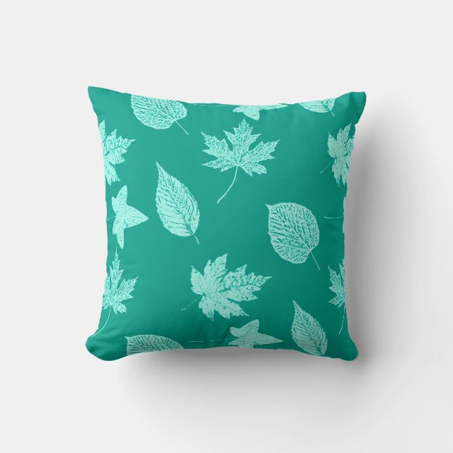 Coussin Feuilles d'automne - aqua et turquoise (Recto)