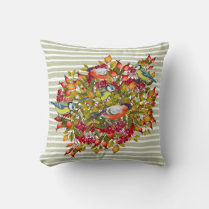 Coussin Feuilles d'automne Baies et Oiseaux Rayures usées