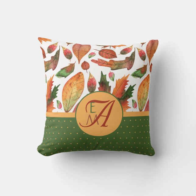 Coussin Feuilles d'automne brodées Décor orange vert (Recto)