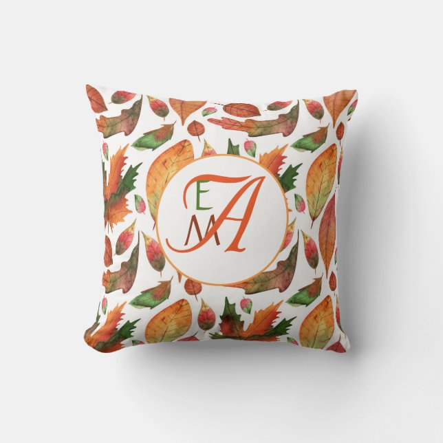 Coussin Feuilles d'automne brodées Décor orange vert (Recto)