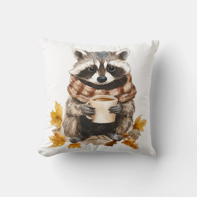 Coussin Feuilles d'automne confortable raccoon avec tasse  (Recto)