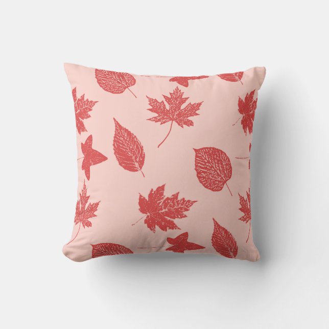 Coussin Feuilles d'automne - corail orange et rose (Recto)