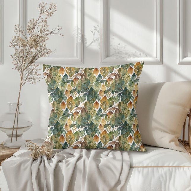 Coussin Feuilles d'automne d'or vert (Green Gold Autumn Leaves Throw Pillow 1)