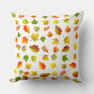 Coussin Feuilles d'automne dorées, vertes, orange sur blan