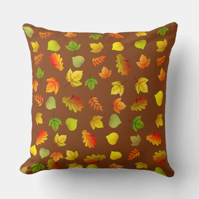 Coussin Feuilles d'automne dorées, vertes, orange sur fond (Recto)