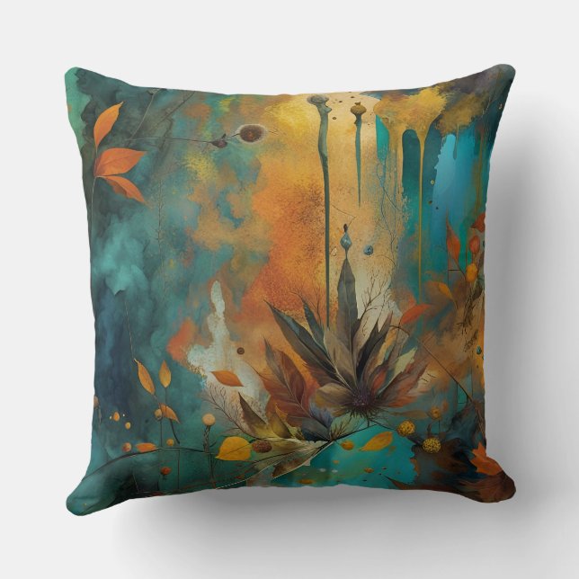 Coussin Feuilles d'automne peinture Turquoise Rouille Or A (Verso)