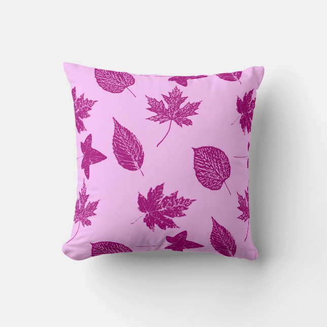 Coussin Feuilles d'automne - prune et rose orchidée (Recto)