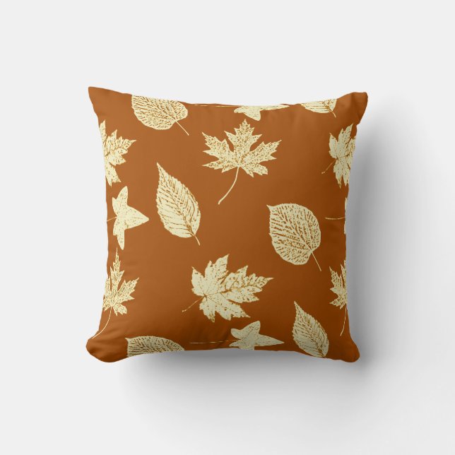 Coussin Feuilles d'automne - rouille brun et crème (Recto)