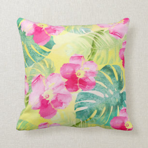 Coussin Feuilles de bananes tropicales et fleurs d'Hibiscu