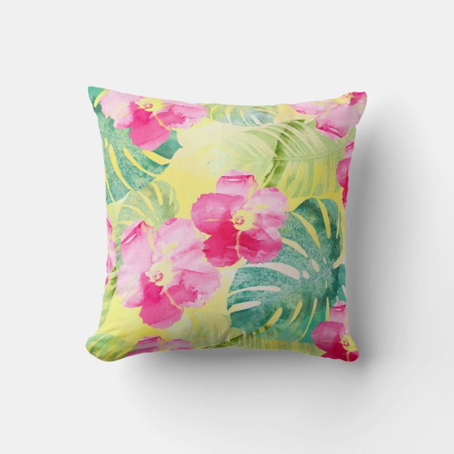 Coussin Feuilles de bananier tropicales et fleurs d'hibisc (Recto)