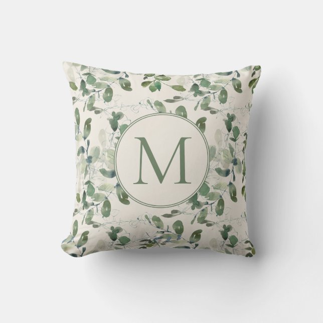 Coussin Feuilles de Eucalyptus Vert Sauge Crème Monogramme (Recto)
