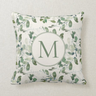 Coussin Feuilles de Eucalyptus Vert Sauge Crème Monogramme