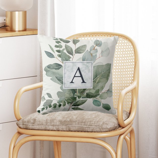 Coussin Feuilles de eucalyptus vert sauge tropicales monog (In situ Boho interior)