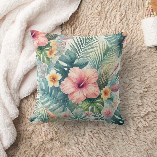 Coussin Feuilles de fleurs tropicales et de palmiers (Couverture)