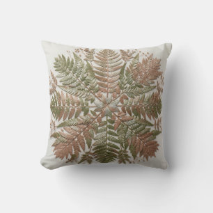 Coussin Feuilles de fougère botanique vert cuivre pressées