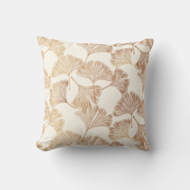 Coussin Feuilles de Gingko or sur papier peint toile crème (Recto)
