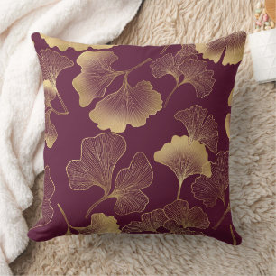 Coussin Feuilles de Ginkgo dorées luxueuses sur fond borde