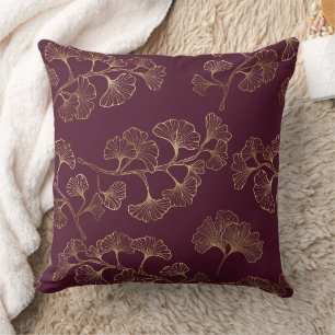 Coussin Feuilles de Ginkgo dorées luxueuses sur fond borde