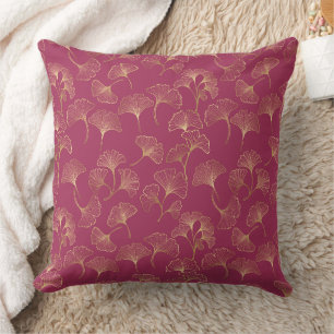 Coussin Feuilles de Ginkgo dorées luxueuses sur un bordeau