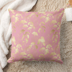 Coussin Feuilles de Ginkgo dorées sur motif botanique rose