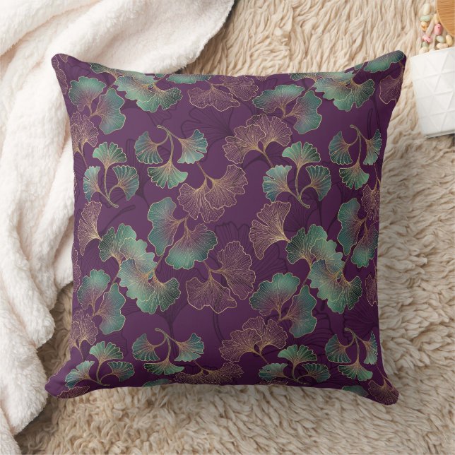 Coussin Feuilles de ginkgo dorées sur motif botanique viol (Couverture)