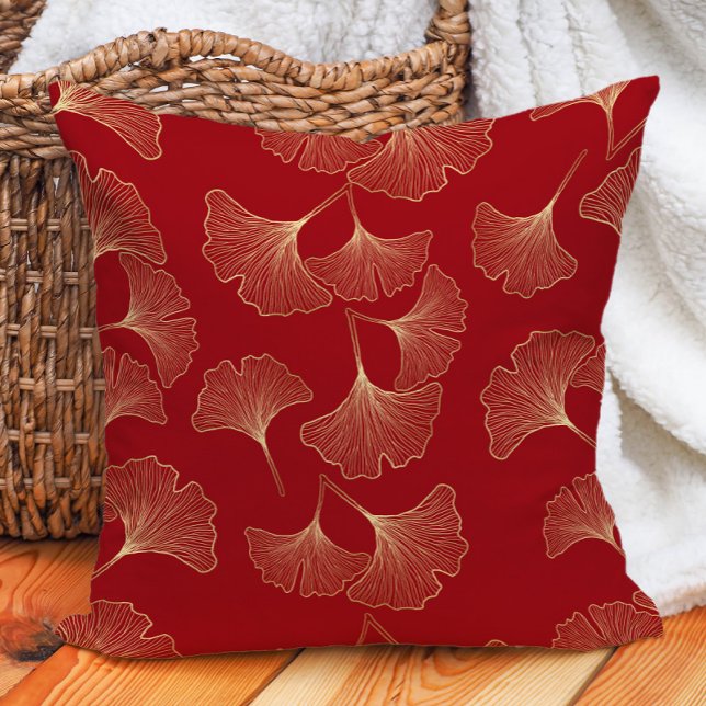 Coussin Feuilles de Ginkgo élégantes rouge or (Elegant red and gold ginko pillow)