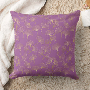 Coussin Feuilles de Ginkgo en Or Luxueux sur Fond Violet F