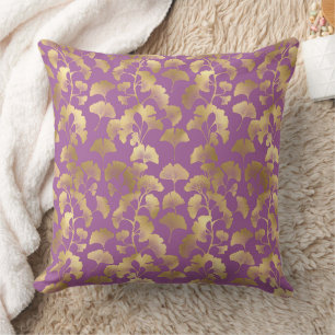 Coussin Feuilles de Ginkgo en Or Luxueux sur Fond Violet F