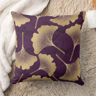 Coussin Feuilles de Ginkgo en Or Luxueux sur Fond Violet F