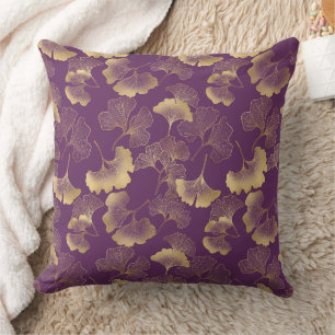 Coussin Feuilles de Ginkgo Or Violet Botanique Élégant
