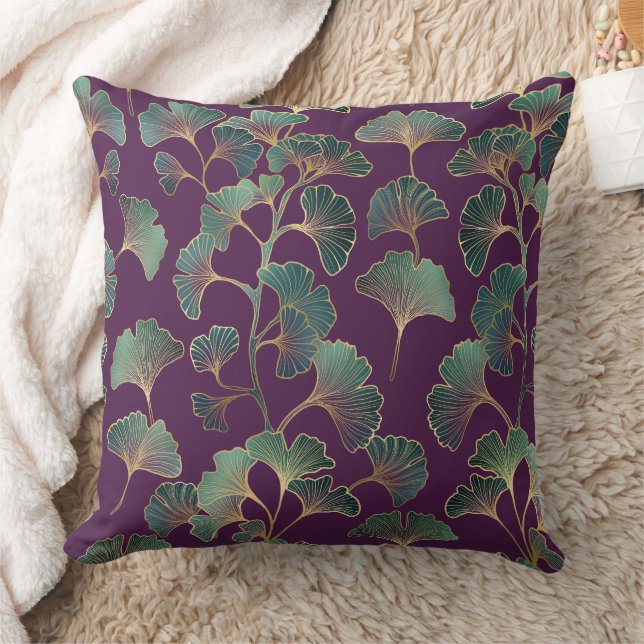 Coussin Feuilles de Ginkgo Tael de Luxe sur Fond Violet Fo (Couverture)
