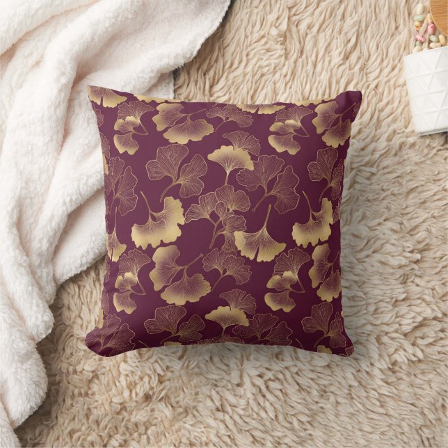 Coussin Feuilles de Ginko élégantes bordeaux or (Couverture)
