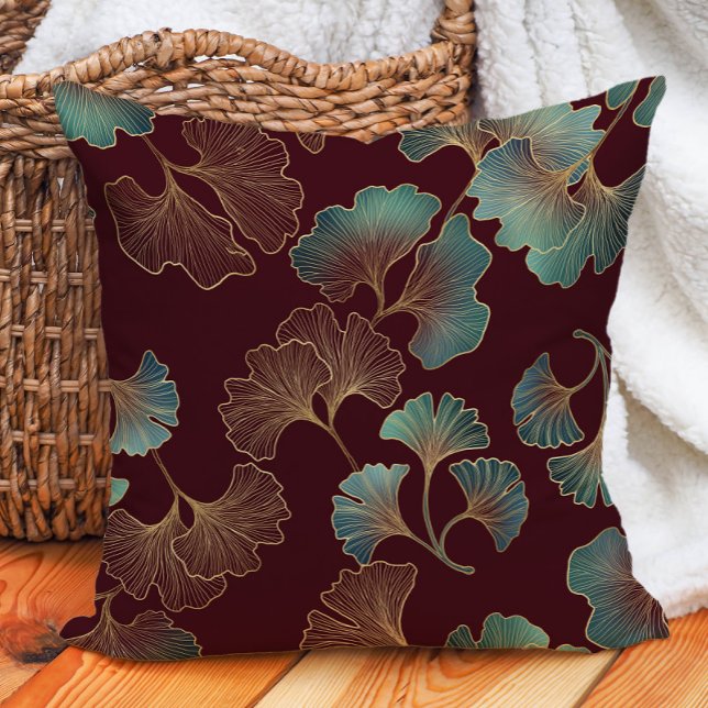 Coussin Feuilles de Ginko élégantes bordeaux sarcelle or  (Elegant burgundy/wine, teal, and gold ginko decorator pillow)