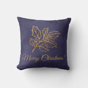 Coussin Feuilles de houx dorées Joyeux Noël Bleu